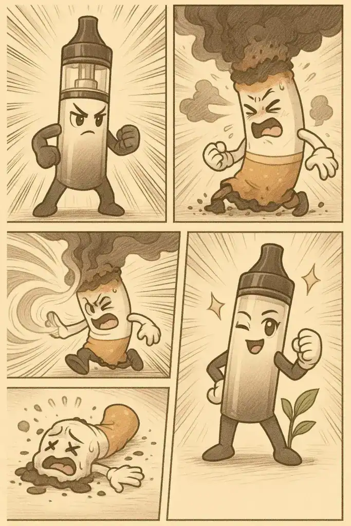 Illustration en bande dessinée montrant un combat entre une cigarette traditionnelle et une cigarette électronique, la cigarette électronique remportant le duel, symbolisant la réussite de l’arrêt du tabac.