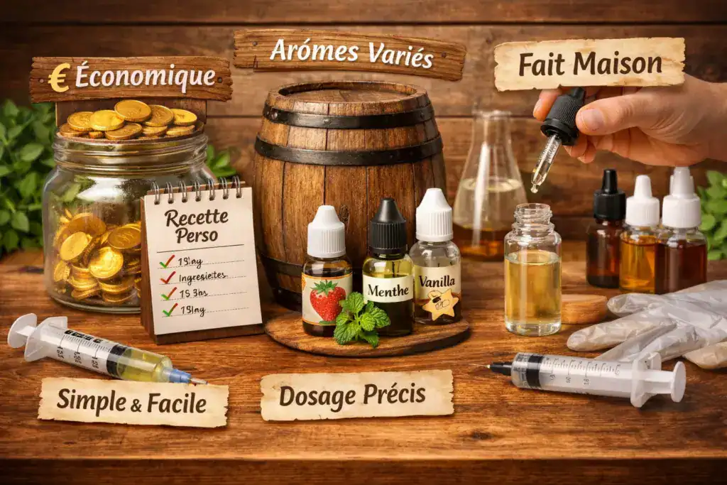 Illustration mettant en avant les avantages du DIY e-liquide : simplicité, dosage précis, coût économique, création maison, et arômes variés, avec flacons, seringues, tonneau et main tenant un flacon, sur fond bois chaleureux avec touches végétales.