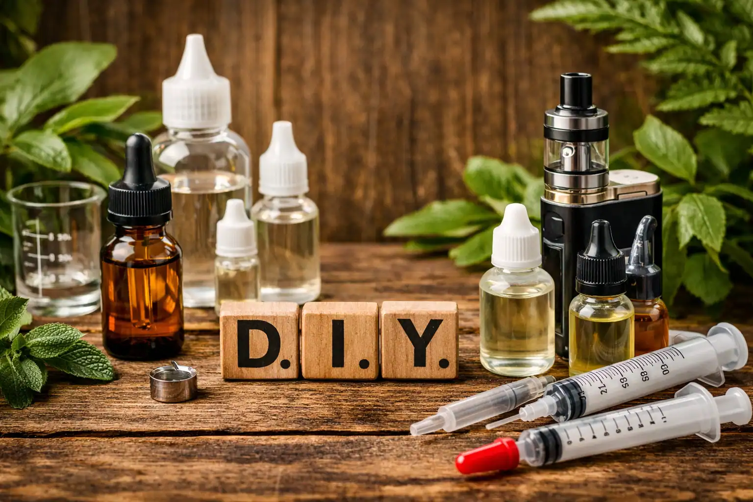 Flacons d’arômes, seringues graduées et vapoteuse sur fond bois et végétal pour créer son DIY e-liquide maison
