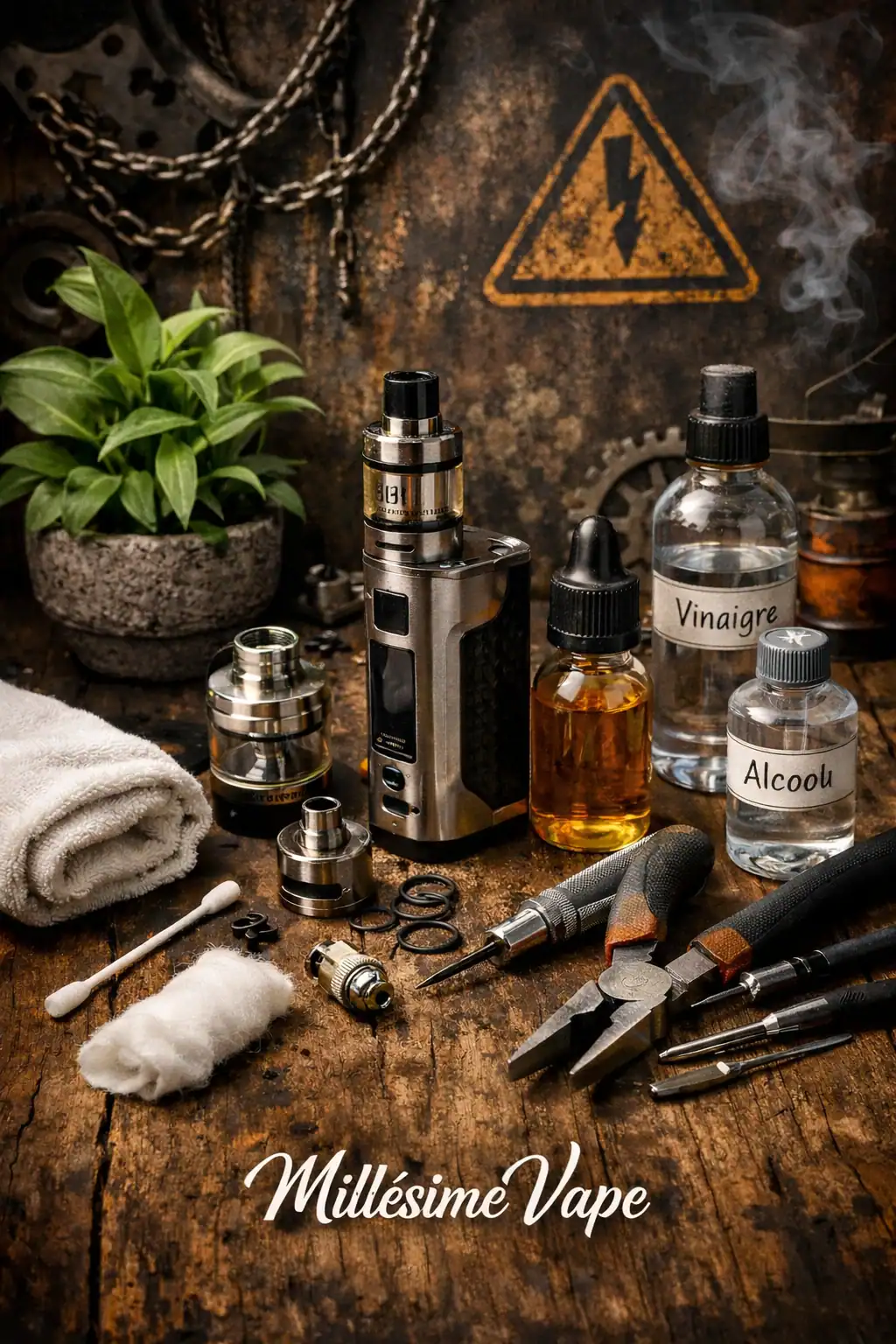 Entretien de cigarette électronique et Mod sur fond bois, avec outils de nettoyage et ambiance mécanique – Millésime Vape