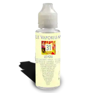 Le Fou 31 – Le Vaporium – Flacon de 80 ml d’e-liquide gourmand combinant 31 arômes : caramels, vanille, biscuit, cannelle, noisette, classics, pop-corn, café etc.