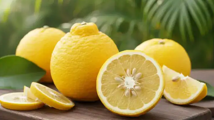 Agrume Yuzu jaune mûr avec une peau bosselée, entier et en tranches.