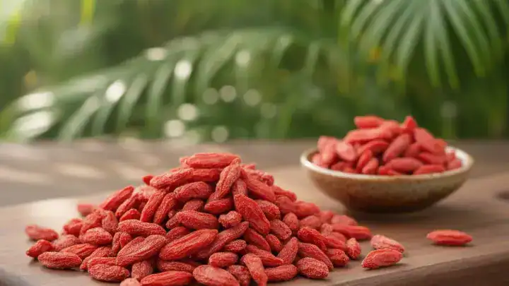 Poignée de baies de Goji séchées rouges et brillantes.