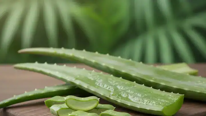 Branche d'Aloe Vera coupée laissant apparaître le gel transparent.