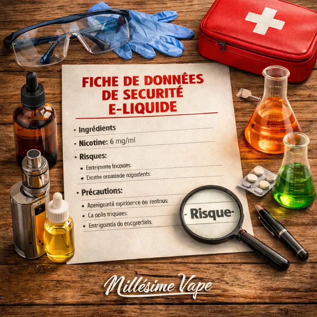 Fiche de données de sécurité e-liquide avec flacons de e-liquide, vape device, lunettes de protection, matériel de laboratoire et signature Millésime Vape en bas