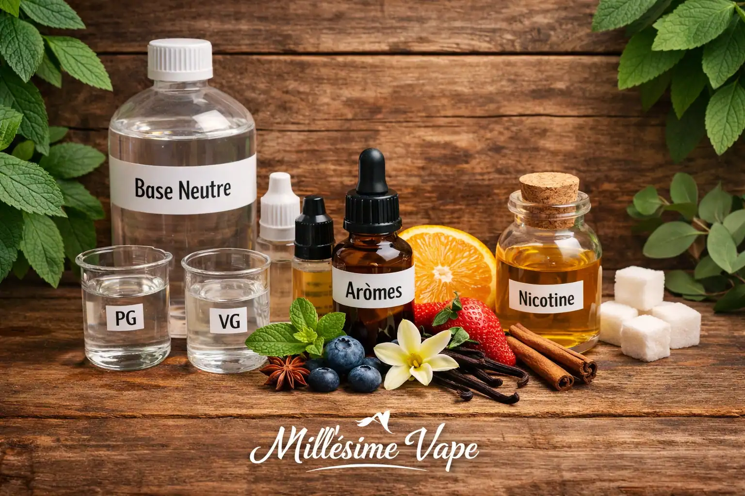 Composition d’un e-liquide pour cigarette électronique : flacons de base neutre, PG, VG, arômes et nicotine disposés sur un fond en bois avec fruits et plantes, illustrant les ingrédients principaux. Signature Millésime Vape en bas