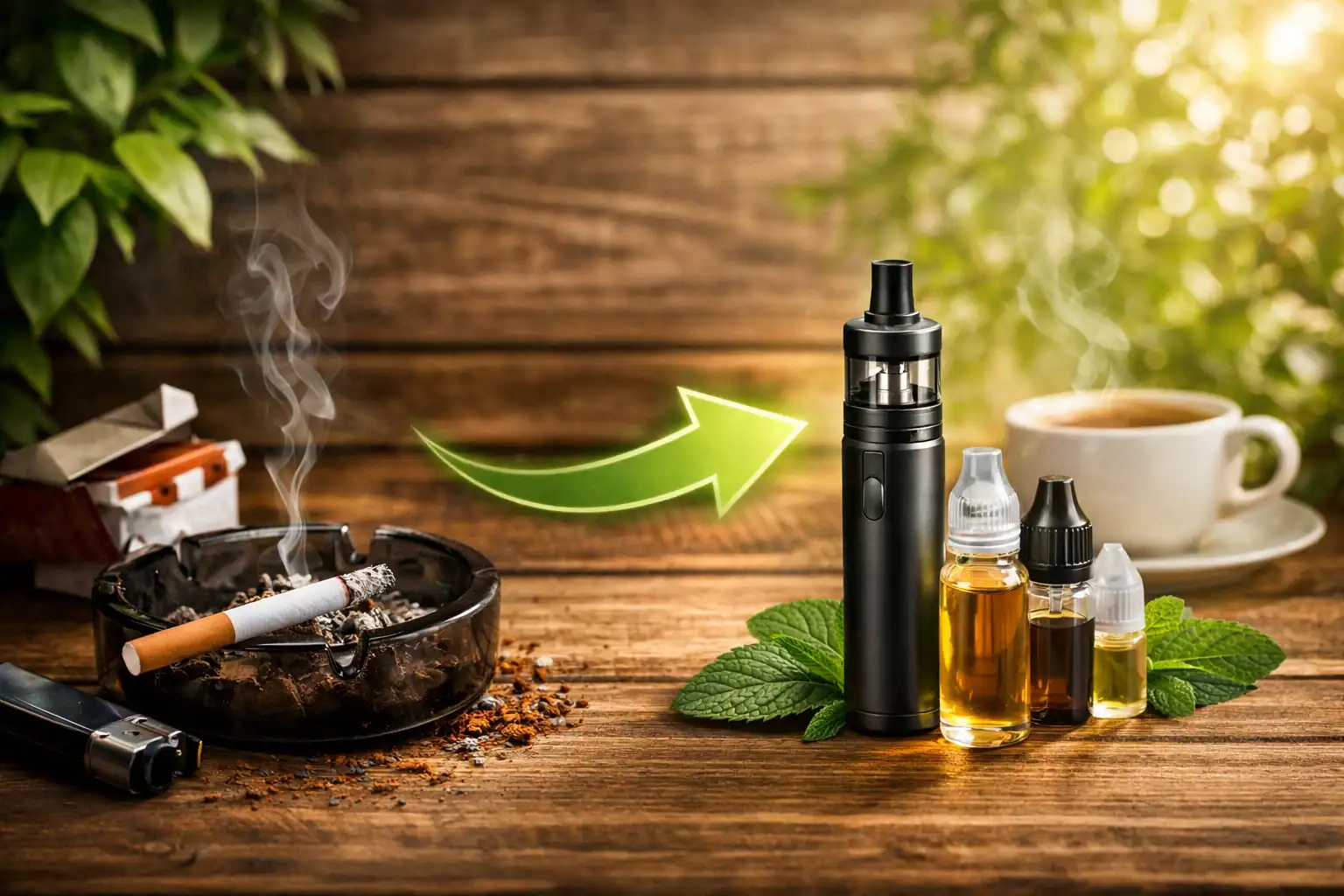 Illustration d’une transition entre cigarette traditionnelle et cigarette électronique sur fond bois et végétal, mettant en avant les bienfaits de la vape par rapport au tabac. Pour l'article Arrêter de Fumer avec la Cigarette Électronique : Le Guide Complet pour Réussir de Millésime Vape