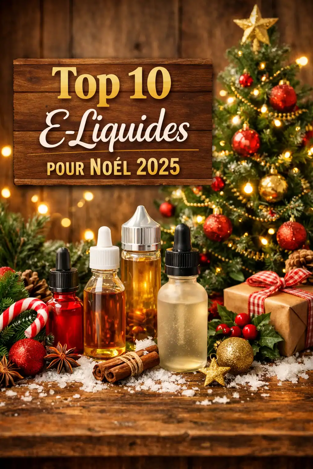 Illustration festive avec des flacons d'e-liquides devant un sapin de Noël décoré, entourés de cadeaux et décorations rouges, dorées et boisées pour l'article Top 10 e-liquides pour Noël 2025