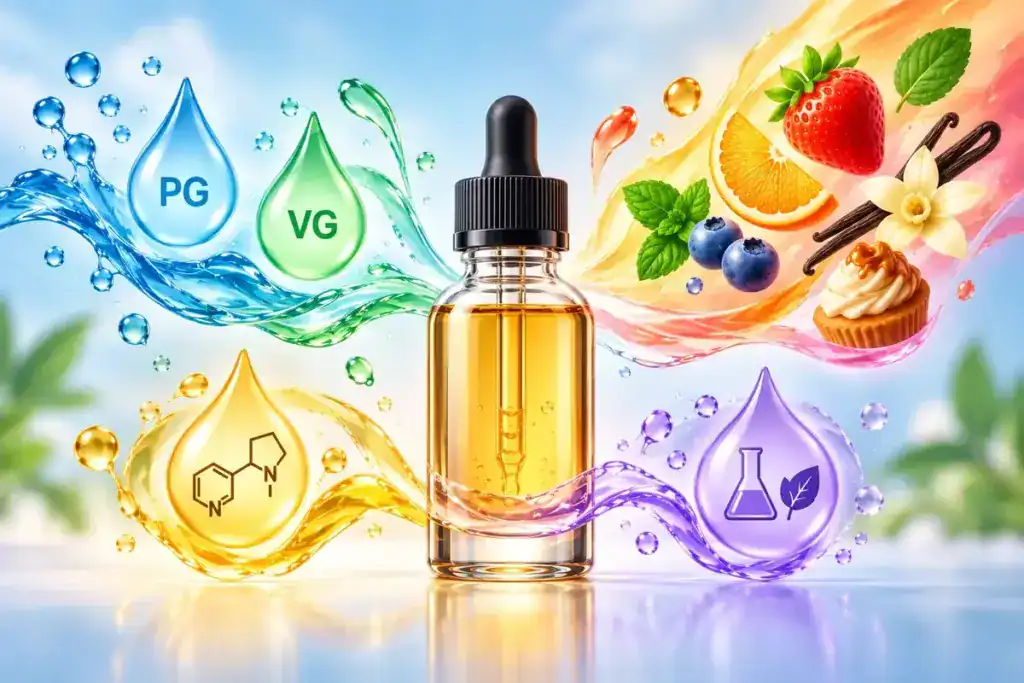 Composition d'un e-liquide : illustration du PG, de la VG, des arômes, de la nicotine et des additifs.