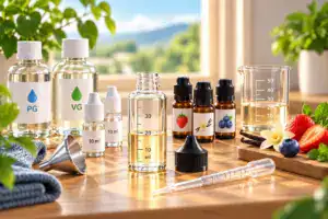 Préparation d’un DIY e-liquide avec base PG/VG, boosters, arômes et matériel de dosage