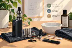 Entretien du matériel de vape avec clearomiseur, résistance et accessoires de nettoyage
