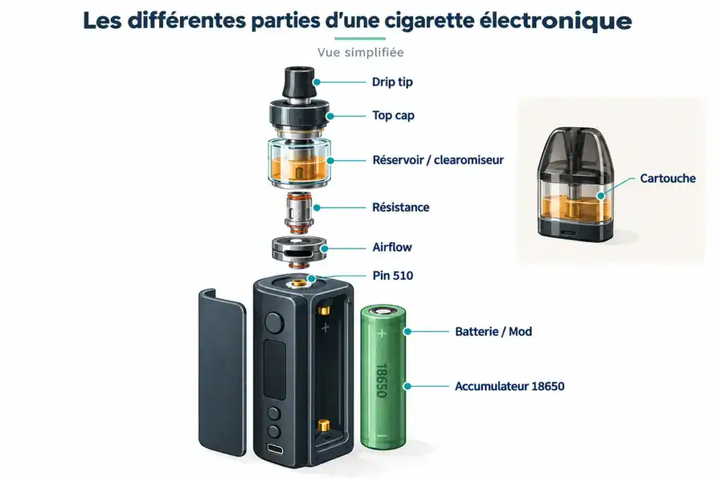 Schéma des principales parties d’une cigarette électronique : drip tip, réservoir, résistance, airflow, batterie et accumulateur