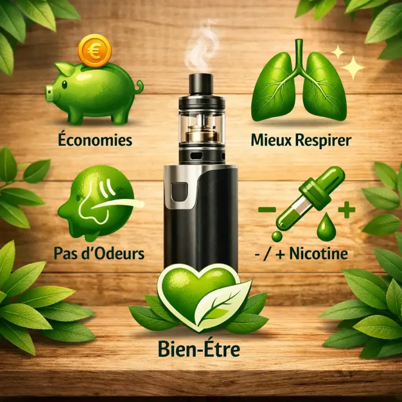Infographie sur fond bois et végétal illustrant les avantages de la cigarette électronique : économies, absence d’odeurs, gestion du taux de nicotine et bien-être au quotidien.