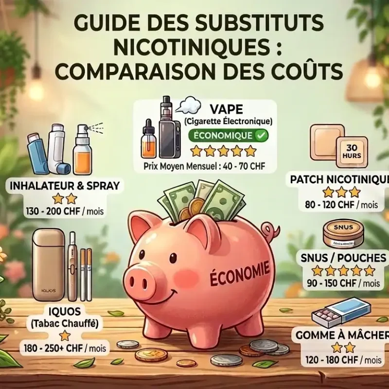 nfographie comparant le coût mensuel en CHF des substituts nicotiniques en Suisse : vape, patchs, snus, gommes, IQOS et sprays avec une tirelire cochon.