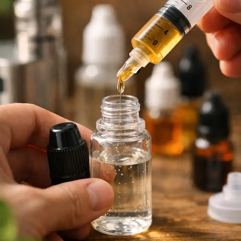 Main versant un concentré ou booster dans un flacon de base e-liquide avec une seringue, matériel flou en arrière-plan, fond bois et touches végétales, action de mélange DIY e-liquide