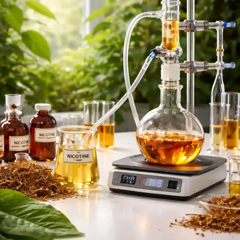 Laboratoire moderne extrayant de la nicotine pour e-liquides, avec fioles, tubes à essai et fond végétal rappelant les feuilles de tabac