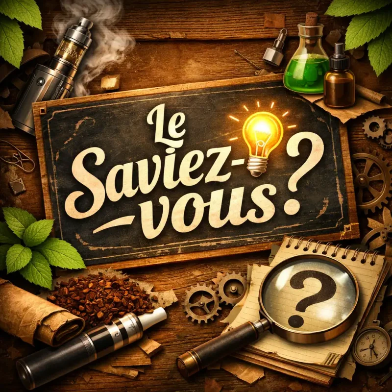 Illustration Le saviez-vous avec cigarette électronique, fioles d'e-liquide, engrenages mécaniques et feuilles végétales sur fond bois