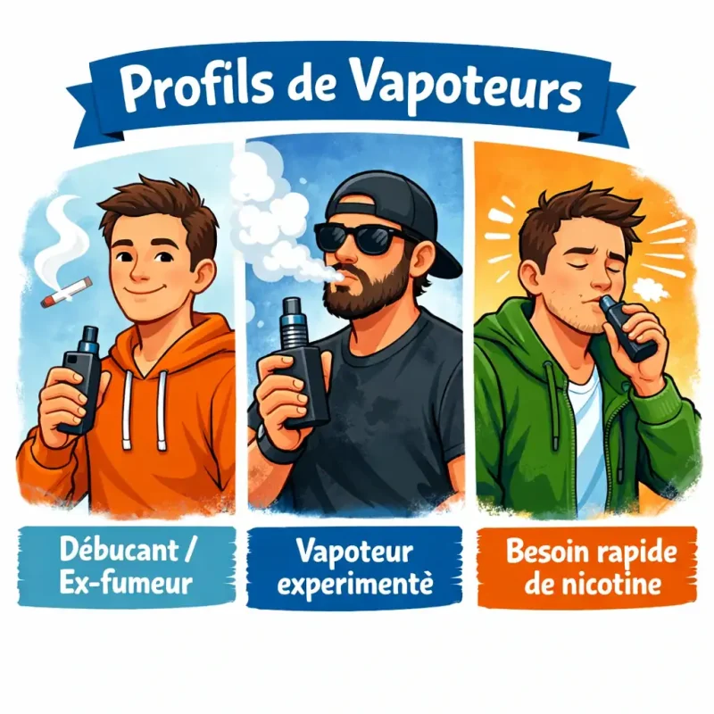 Illustration de trois profils de vapoteurs : débutant avec e-liquide au sel de nicotine, ex-fumeur utilisant un e-liquide doux, et vapoteur expérimenté avec e-liquide à nicotine classique.